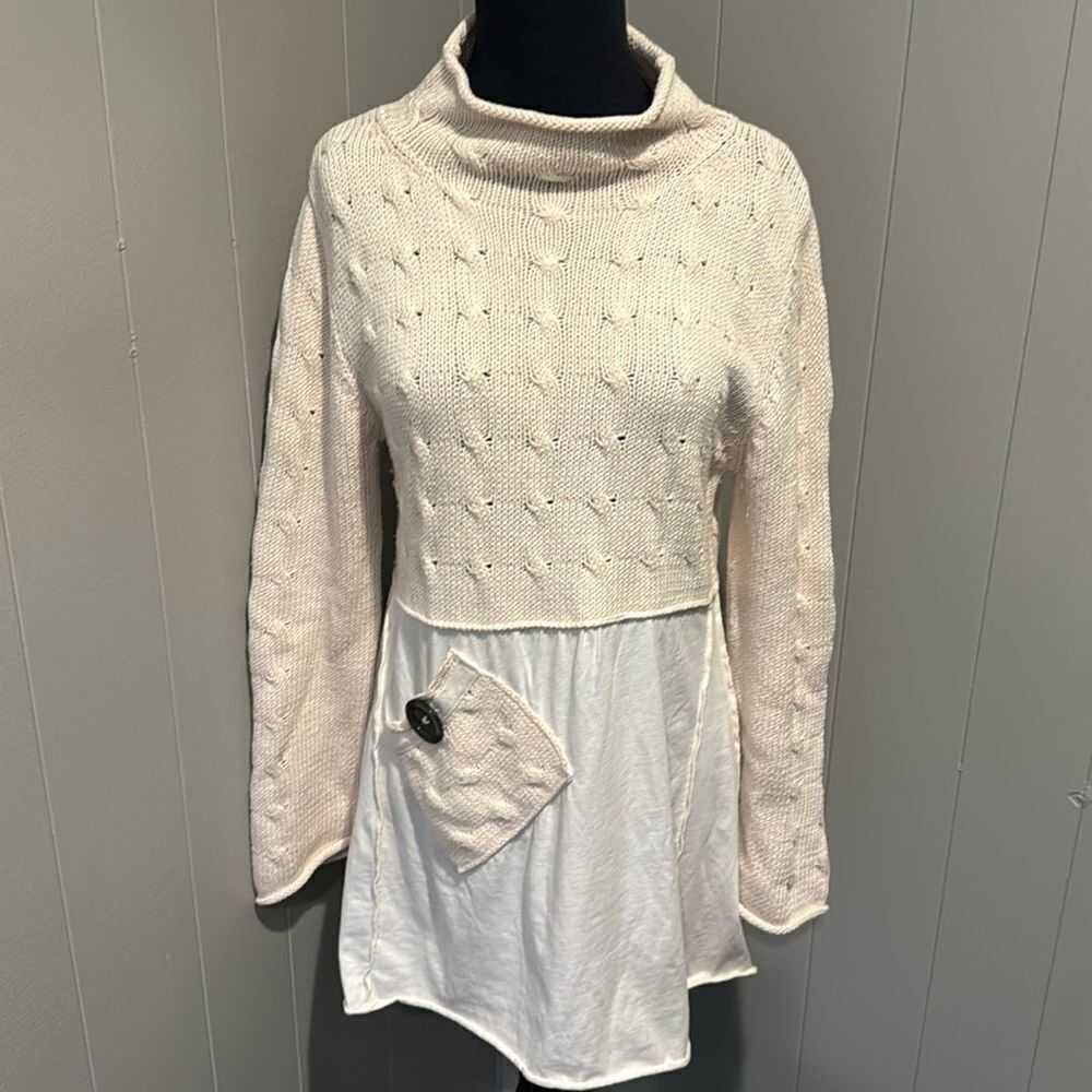 Pure Handknit cream cable cowl neck sweater w/ woven reverse seam skirt. XS/S